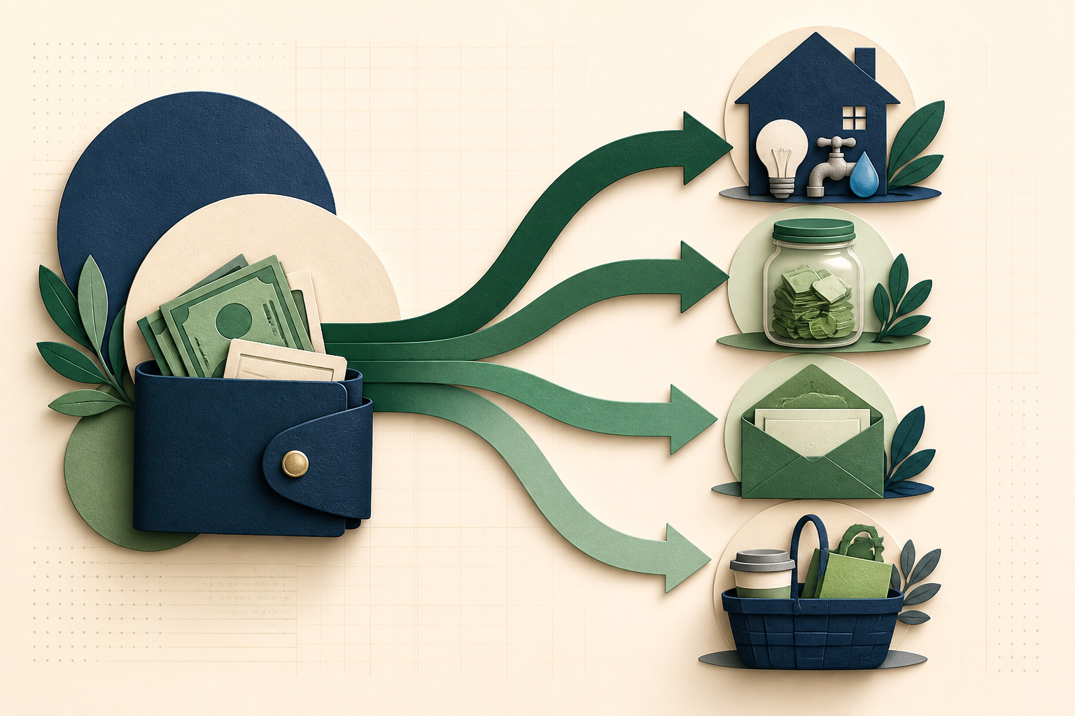 Household income flowing into essentials, savings, debt payments, and flexible spending