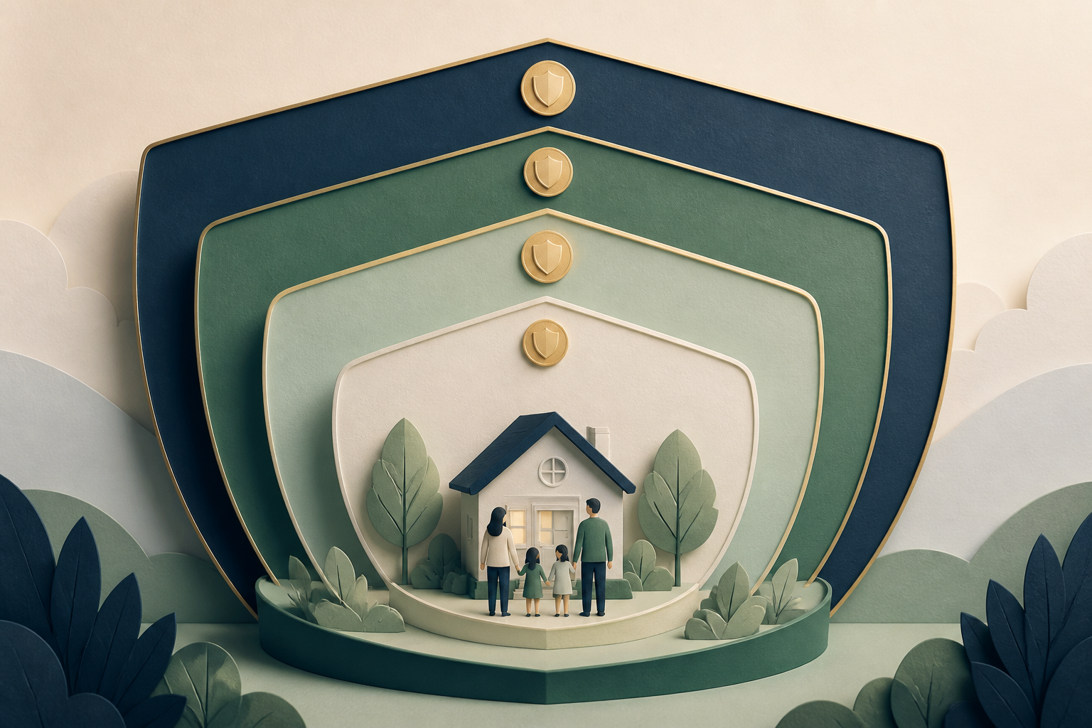 A household protected by four progressively larger nested reserve shields representing layered emergency targets