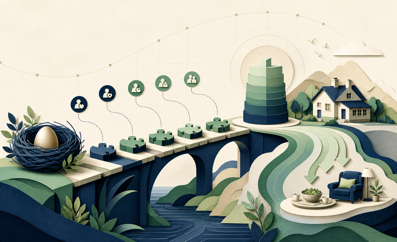 A retirement nest egg crossing a contribution bridge toward a future portfolio and income-covered home