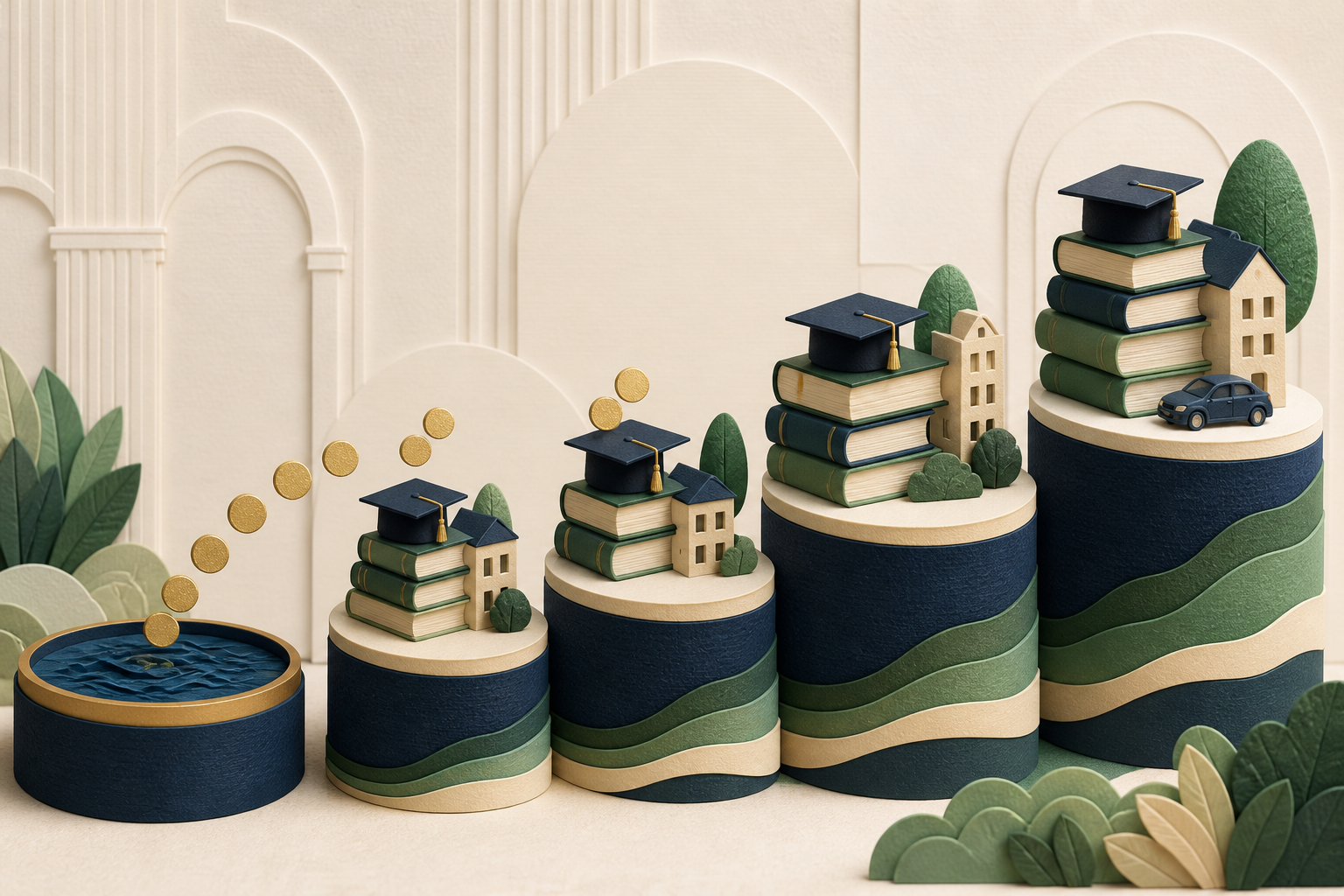 Editorial college planning scene with four rising academic-year platforms funded by savings and growth