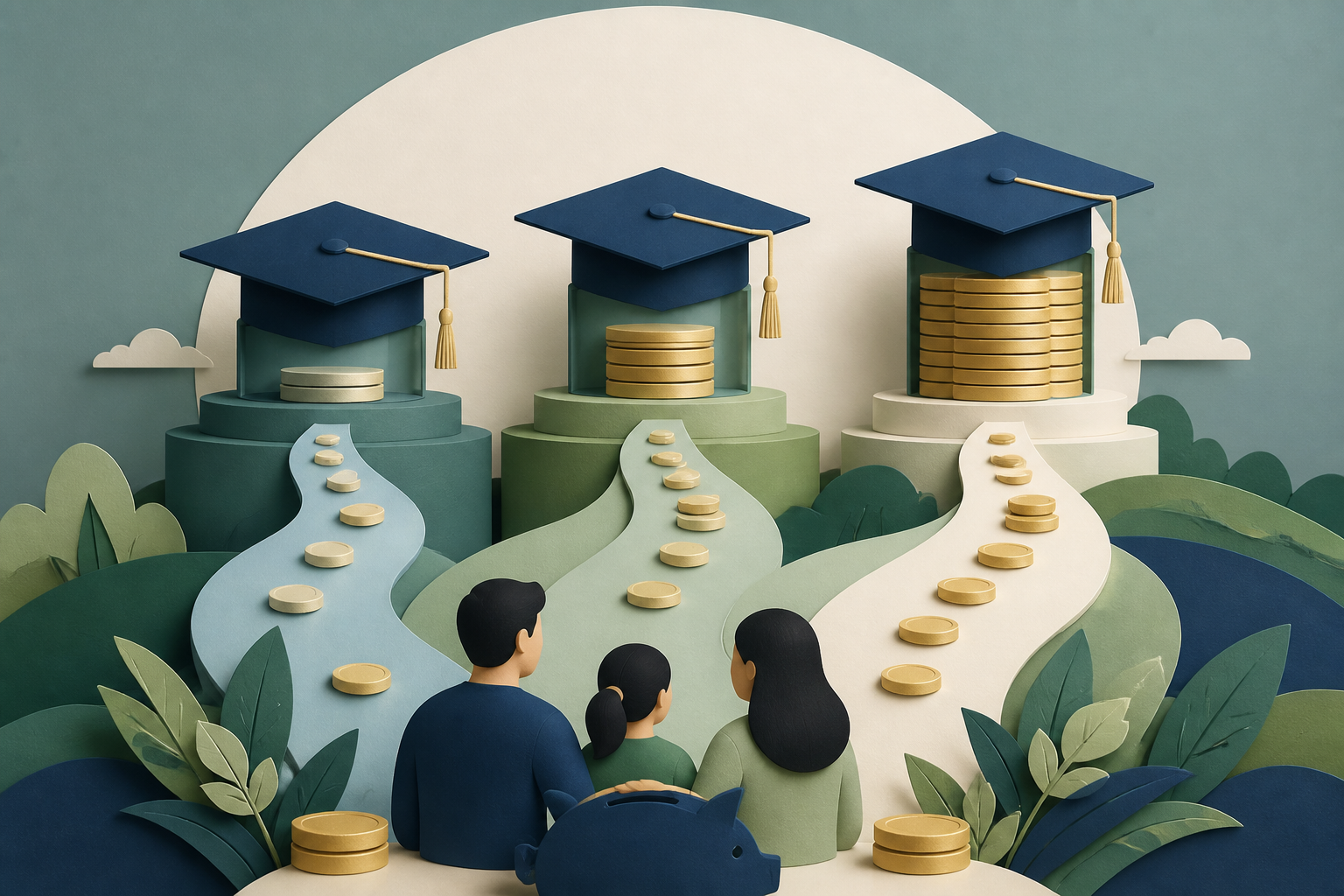 A family considering three graduation-cap terraces filled to progressively higher college funding levels