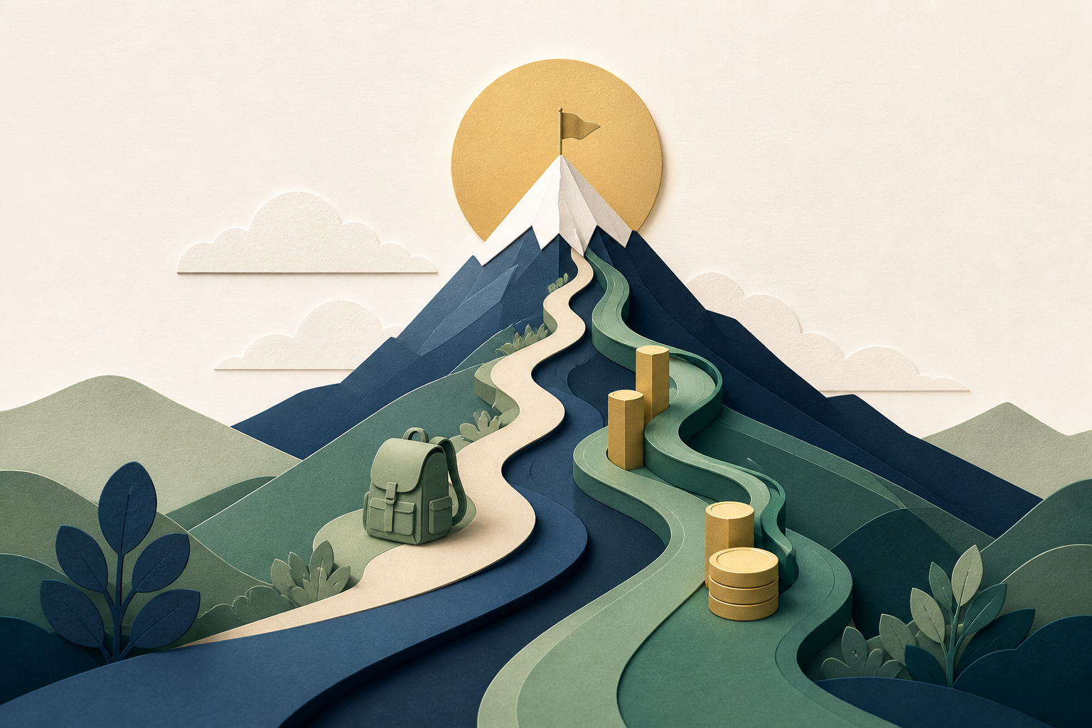 Two routes up a financial independence mountain, one carrying a lighter spending load and one powered by larger contributions