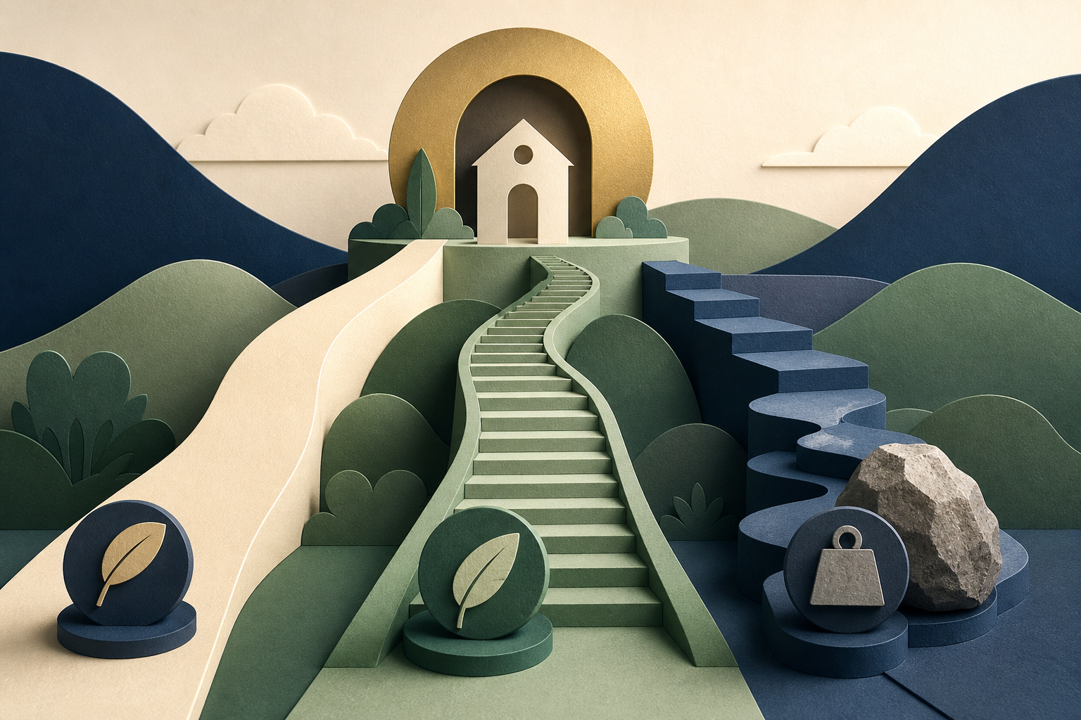 Three consolidation routes toward one goal including a direct path, a longer staircase, and a path obstructed by a fee stone