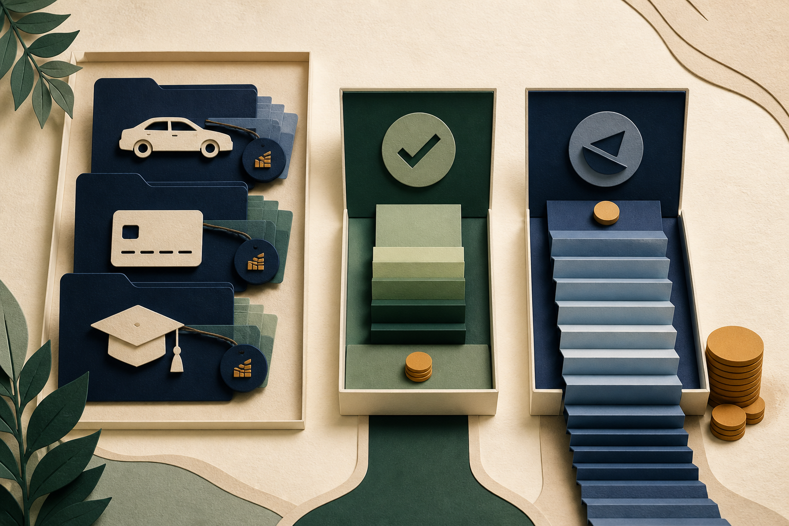 Editorial loan comparison desk with current debts and two offer folders balanced against fees, payments, and time