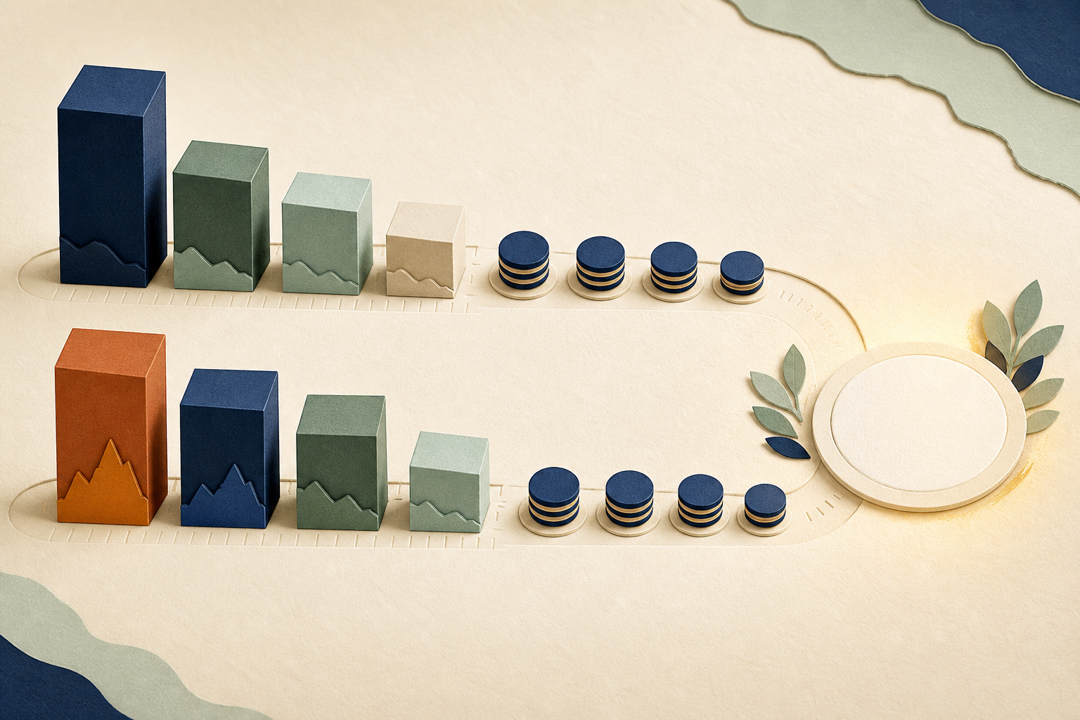 Editorial tabletop with four debt blocks moving through two distinct payoff sequences toward a clear finish