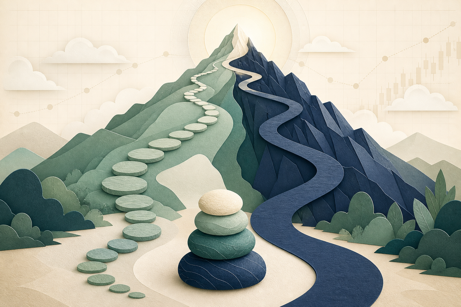 Two debt payoff paths—smallest balance first and highest rate first—climbing toward the same debt-free summit