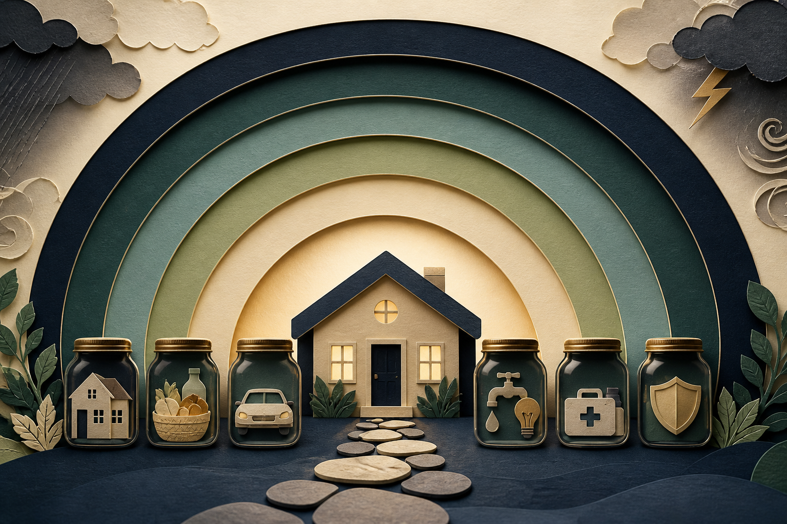 Editorial emergency reserve scene with six protective cash layers sheltering a household and essential bills