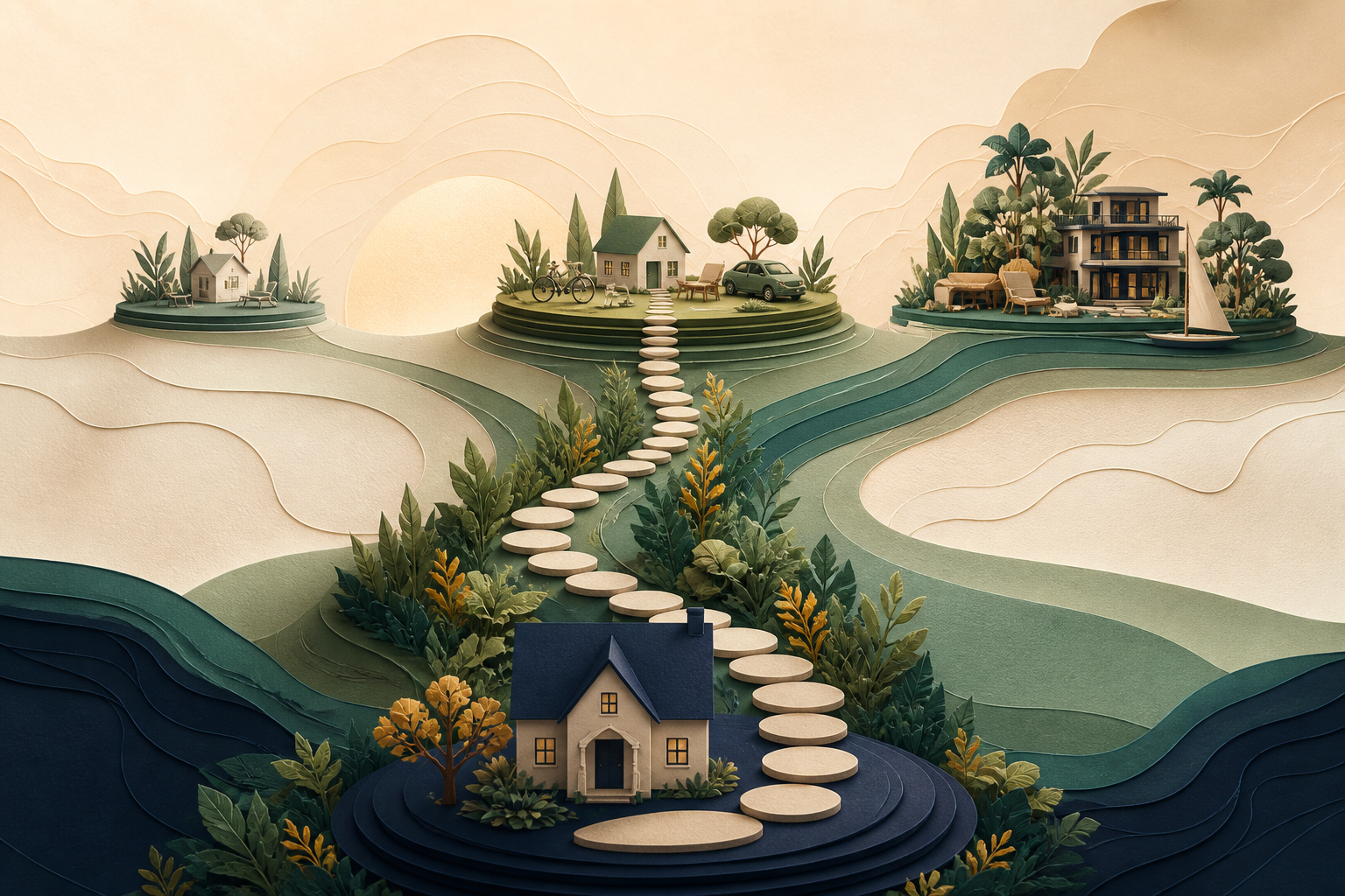 Editorial financial-independence scene with three spending horizons and a portfolio path marked by contributions and growth