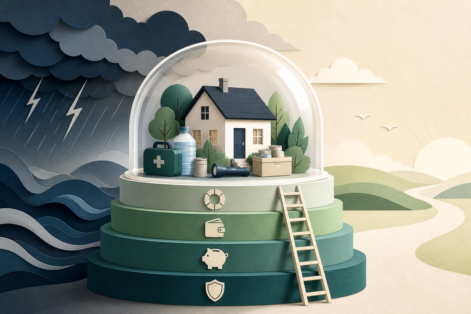 A household and essential supplies protected by layered emergency reserves through a passing storm