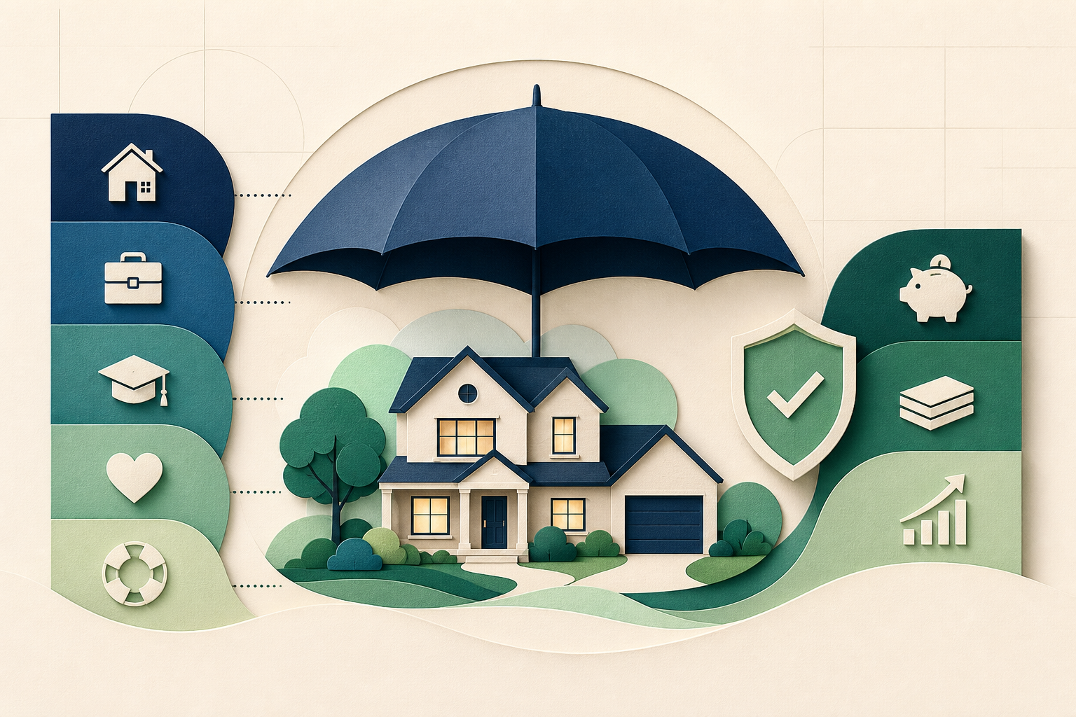 A household protected by an umbrella while mortgage, income, education, and reserve needs are offset by available resources