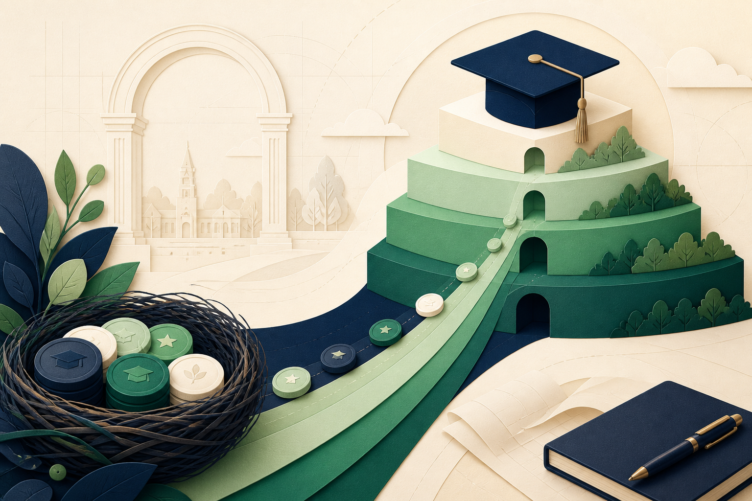 A college savings nest feeding four rising academic-year layers topped by a graduation cap
