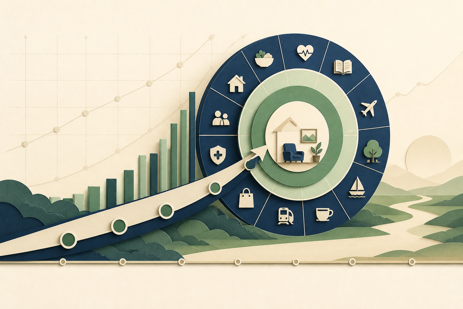 A growing investment path approaching nested FIRE spending targets with a retirement horizon continuing beyond