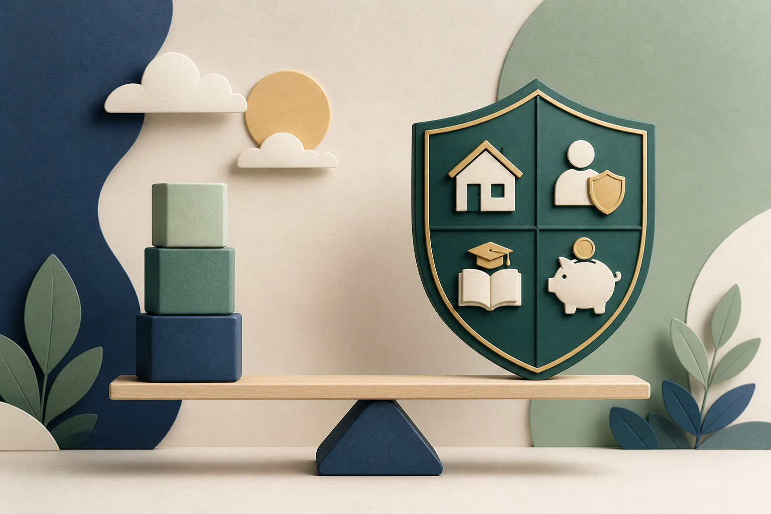 Simple income-multiple blocks balanced against a needs-based family shield containing home, education, and savings symbols