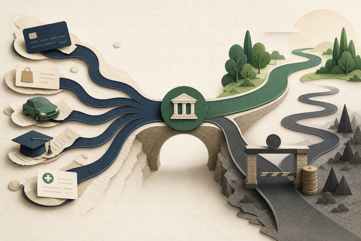 Several debts merging at a consolidation bridge with a shorter route and a longer fee-charging route
