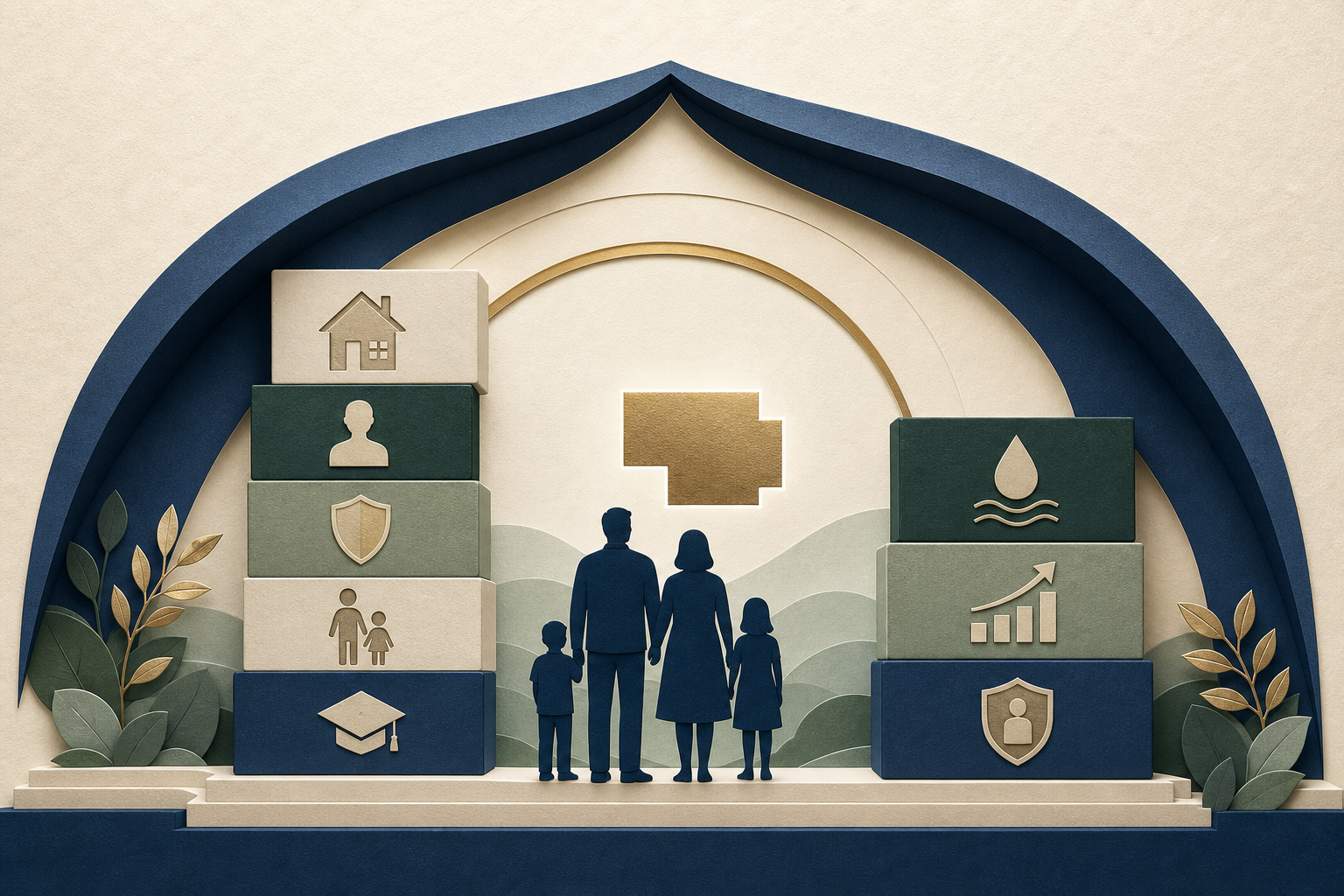 Editorial family protection scene stacking mortgage, income, education, and reserve needs against available resources