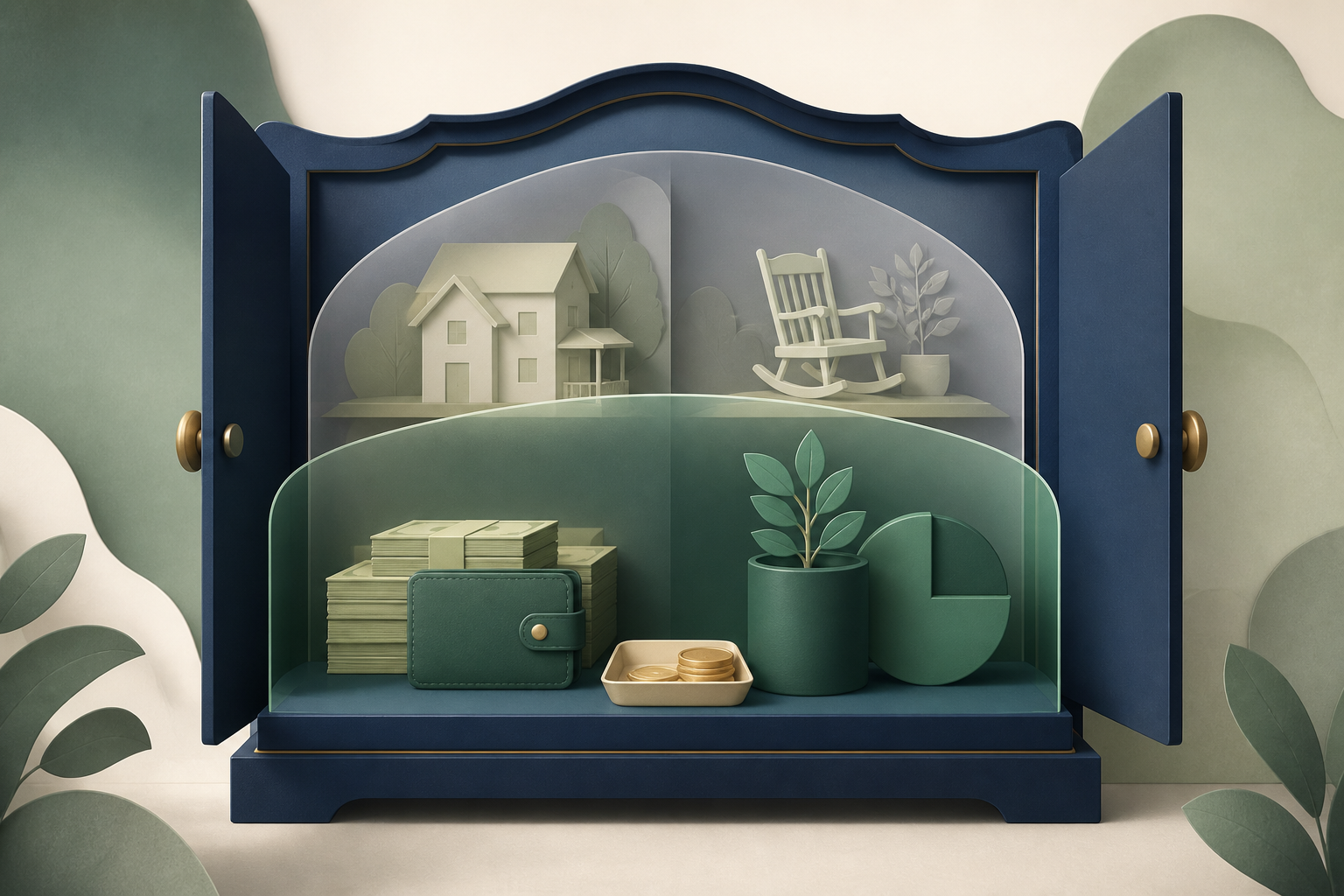 A wealth cabinet separating accessible cash and investments from a home and retirement assets behind another layer