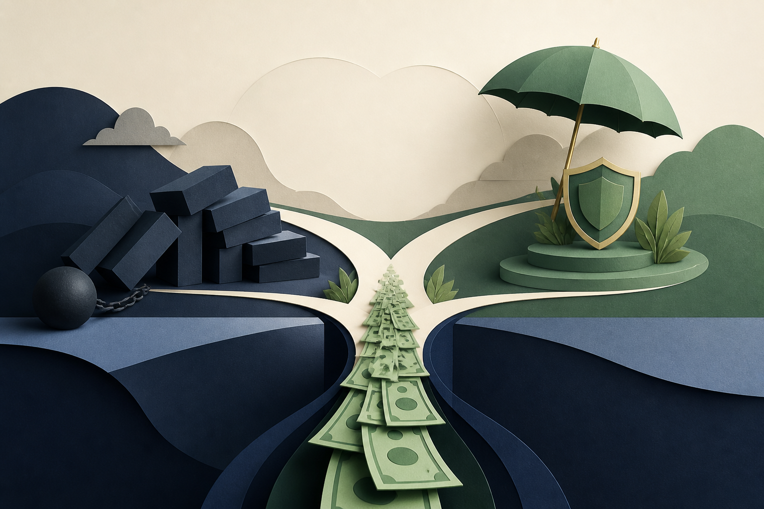 A stream of cash reaching a fork between falling debt blocks and a growing protective reserve before the paths reconnect