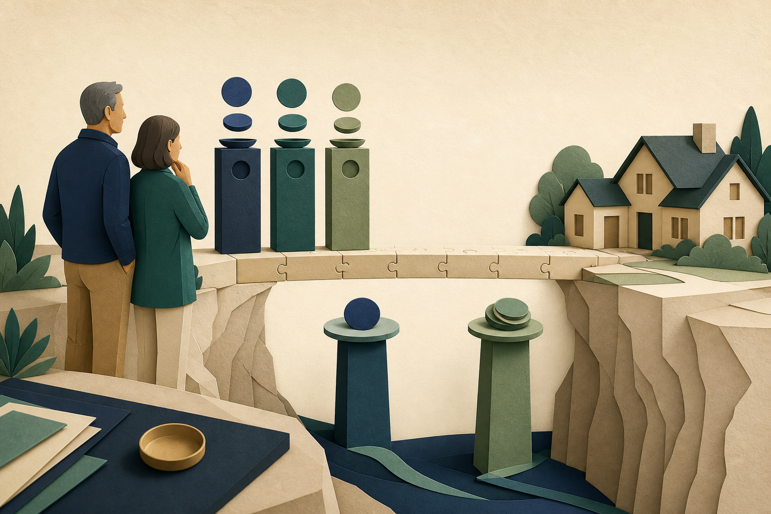 Editorial retirement scene with present-day accounts crossing an income-gap bridge toward a future household