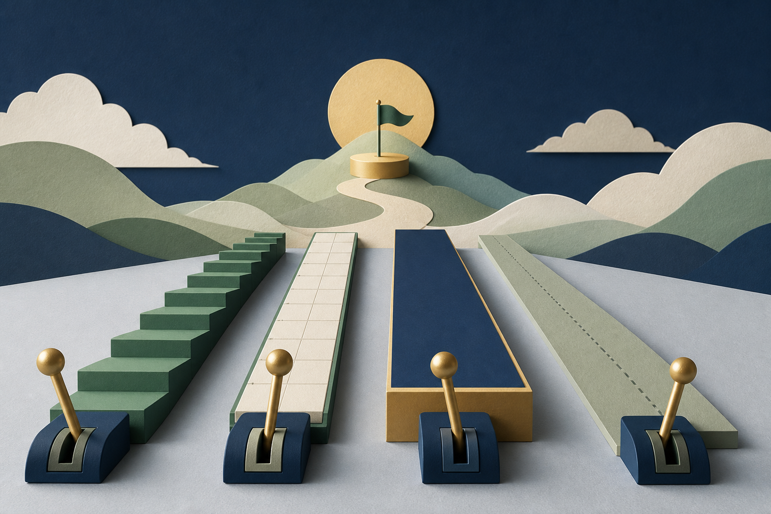 Four savings levers—steps, calendar tiles, a starting platform, and a longer path—leading toward the same goal
