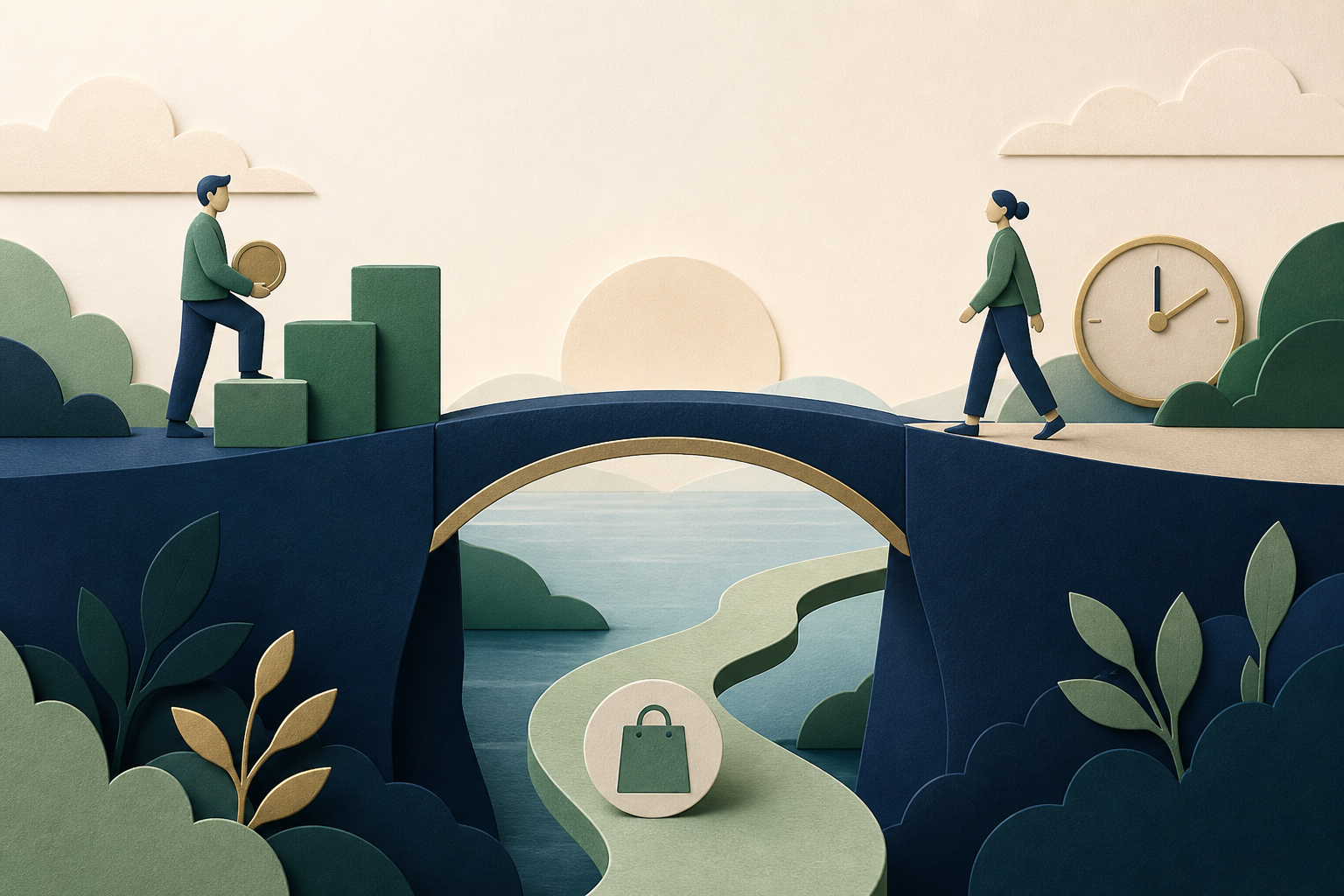 Two people crossing a retirement gap by contribution steps and a longer time bridge, with a third lower-spending path below