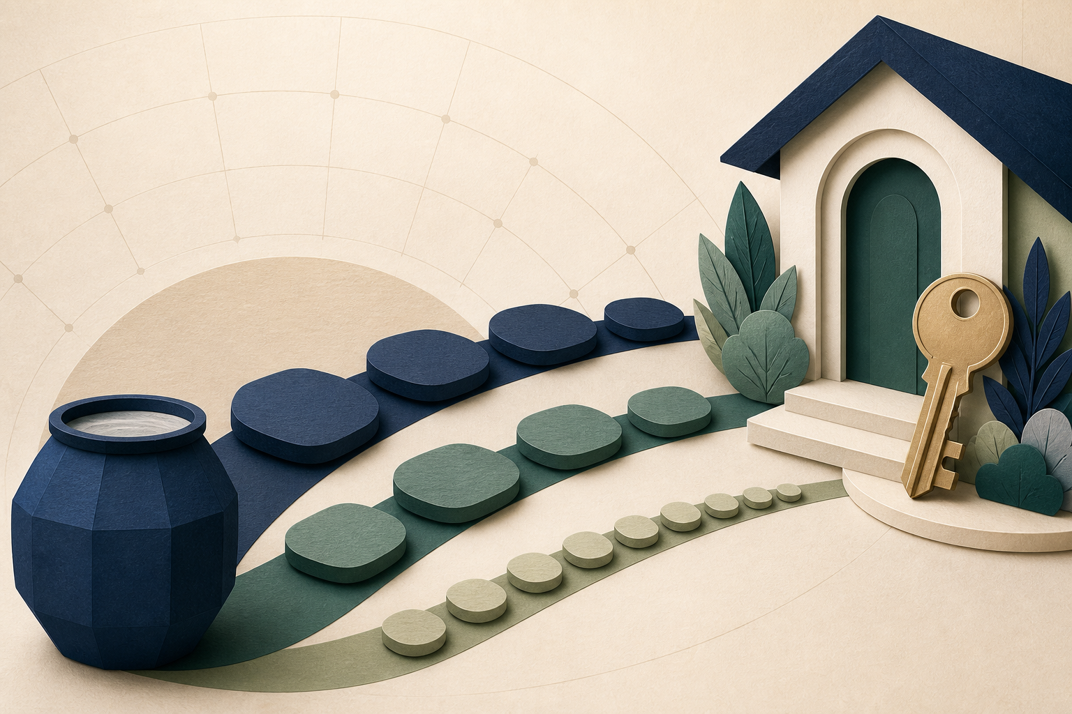 Editorial down-payment scene with three savings paths of different lengths converging on a house key