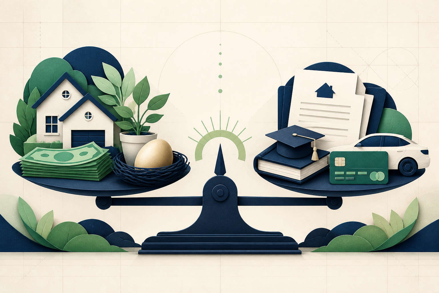A balance scale comparing household assets with mortgage, education, auto, and credit card liabilities